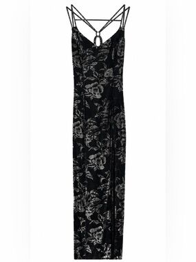 Vintage A. GLO Black & Silver Metallic Floral Strappy Midi Dress Size 3/4